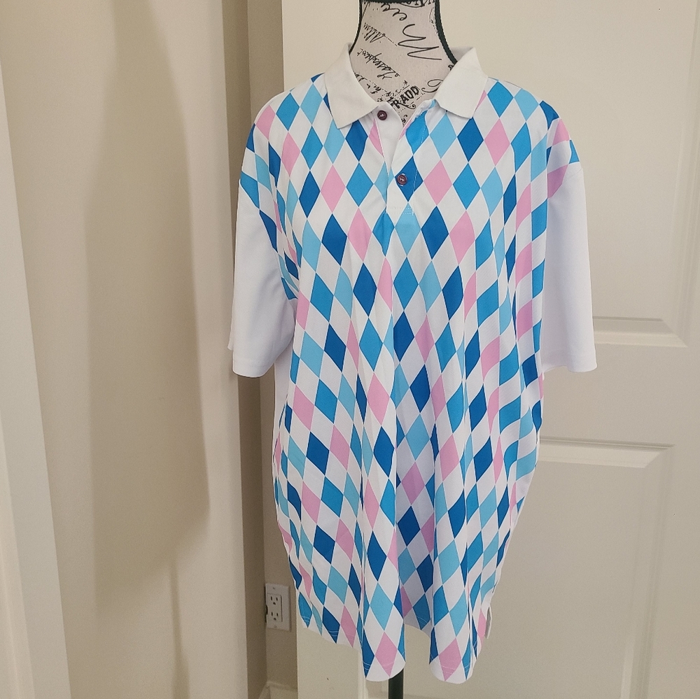 Paul Jones Golf Shirt Argyle Pattern Blue/Pink White Short Sleeve Mens XLG